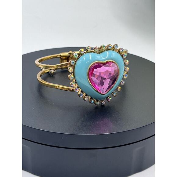 Betsey Johnson Signed Candy Land Pink Heart Rhinestone Blue Enamel Bangle - Picture 3 of 16